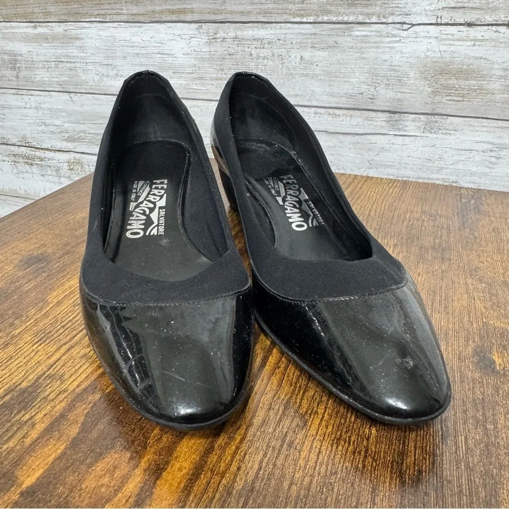 Salvatore Ferragamo Black Wedge Flats Shoes Women’s Size 6.5 B Patent Leather